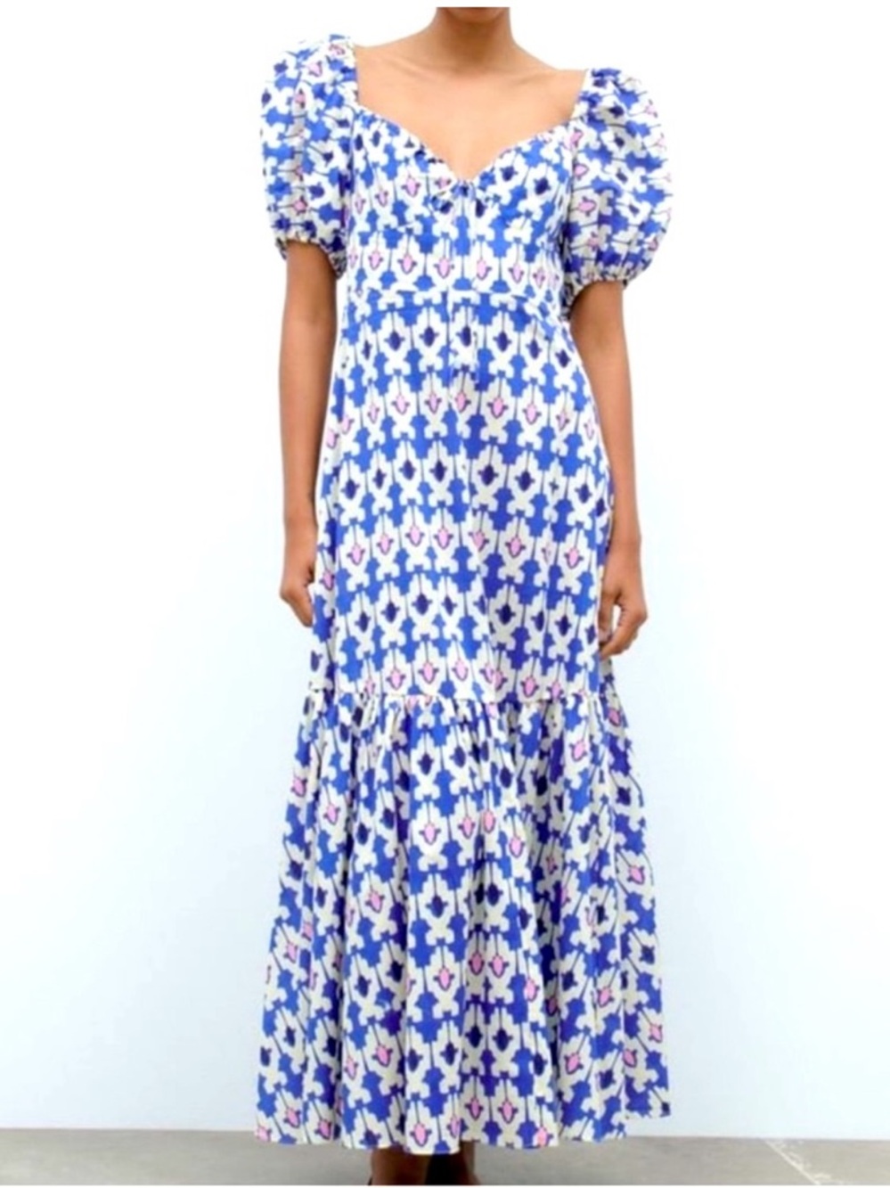 Zara Blue and White Floral Puff-Sleeve Maxi Dress